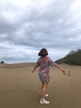Load image into Gallery viewer, Heather gray, purple, orange spiral tie dye oversize organic cotton t-shirt dress. Summer dress. Sustainable brand.