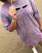Load image into Gallery viewer, Purple spiral tie dye oversize organic cotton t-shirt dress. Summer dress. Sustainable brand.