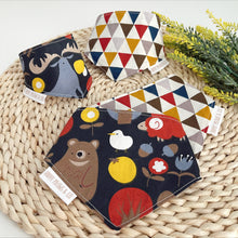 Load image into Gallery viewer, In the woods + geometric reversible bandana for pets. Handmade.