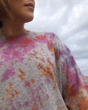 Load image into Gallery viewer, Heather gray, purple, orange spiral tie dye oversize organic cotton t-shirt dress. Summer dress. Sustainable brand.
