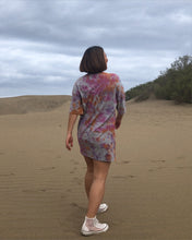 Load image into Gallery viewer, Heather gray, purple, orange spiral tie dye oversize organic cotton t-shirt dress. Summer dress. Sustainable brand.