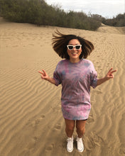 Load image into Gallery viewer, Purple spiral tie dye oversize organic cotton t-shirt dress. Summer dress. Sustainable brand.