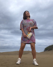 Load image into Gallery viewer, Heather gray, purple, orange spiral tie dye oversize organic cotton t-shirt dress. Summer dress. Sustainable brand.