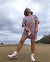 Load image into Gallery viewer, Heather gray, purple, orange spiral tie dye oversize organic cotton t-shirt dress. Summer dress. Sustainable brand.