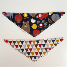 Load image into Gallery viewer, In the woods + geometric reversible bandana for pets. Handmade.