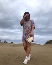 Load image into Gallery viewer, Heather gray, purple, orange spiral tie dye oversize organic cotton t-shirt dress. Summer dress. Sustainable brand.
