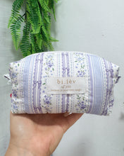 Load image into Gallery viewer, PURPLE FLOWERS &amp; BOWS padded handmade pouch
