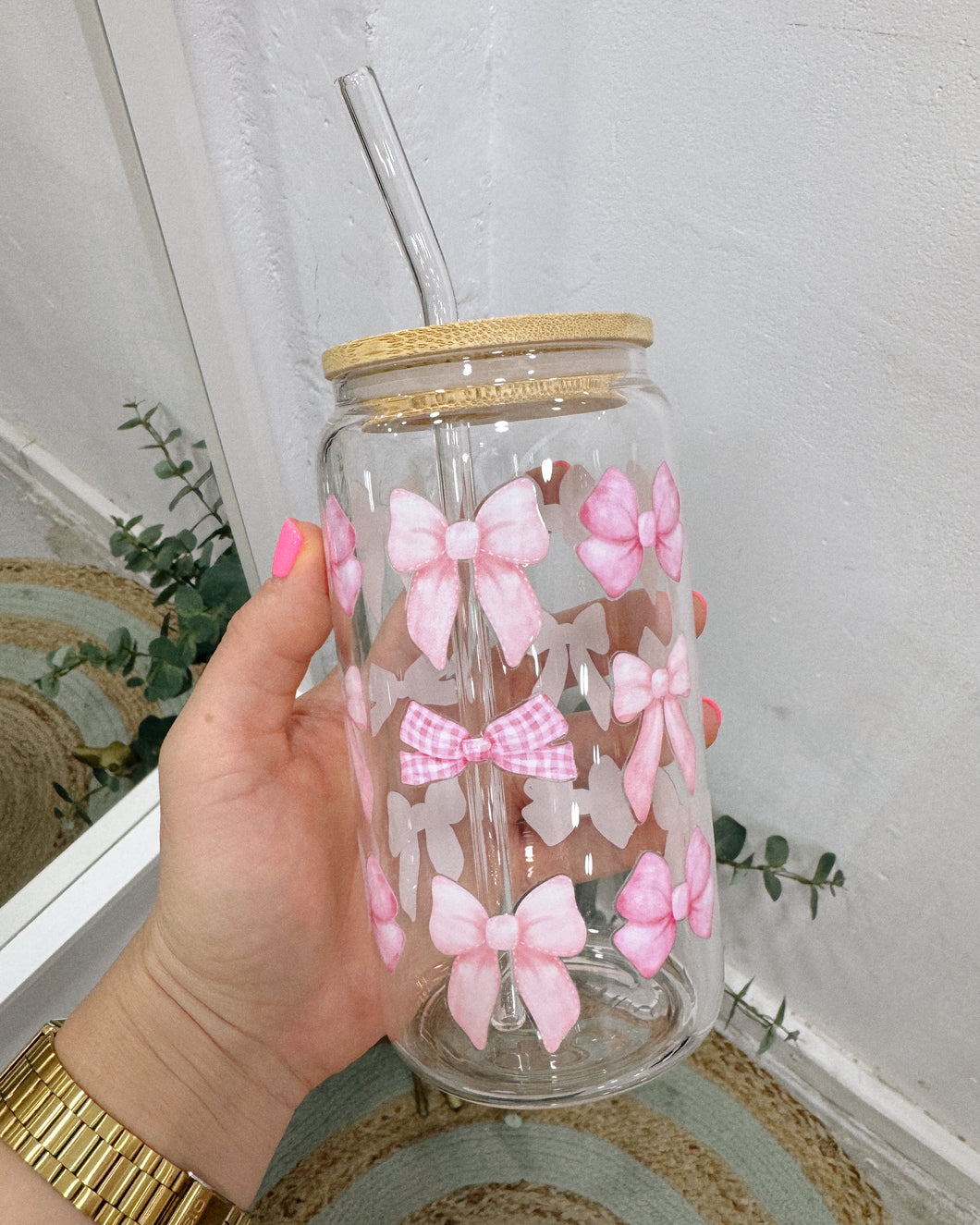 PINK BOWS glass cup