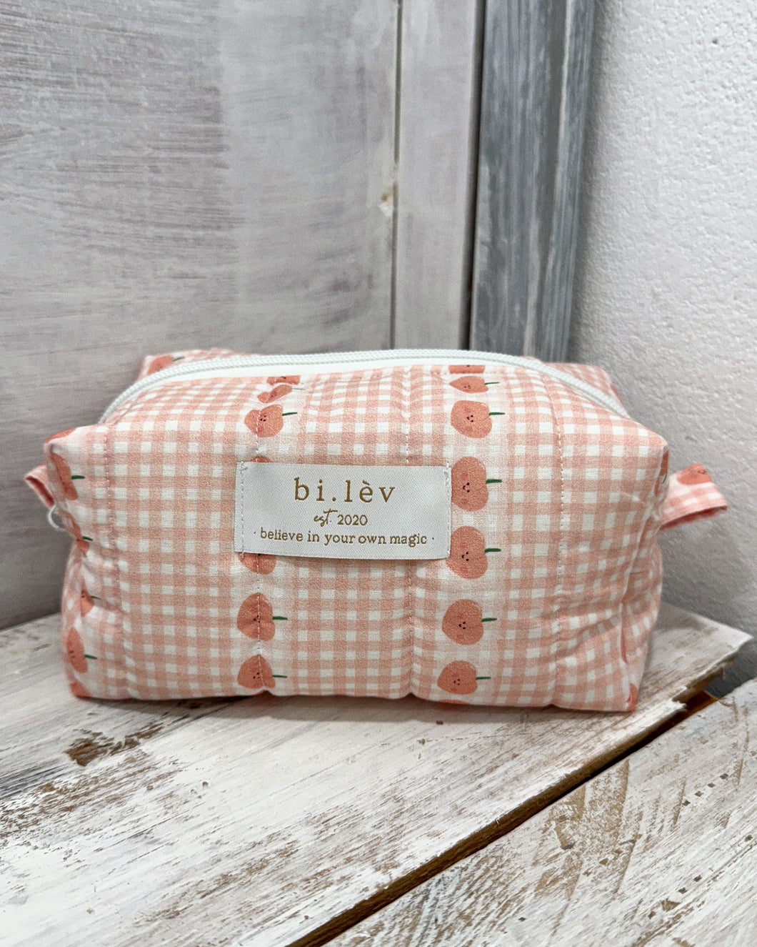 PEACH GINGHAM padded handmade pouch