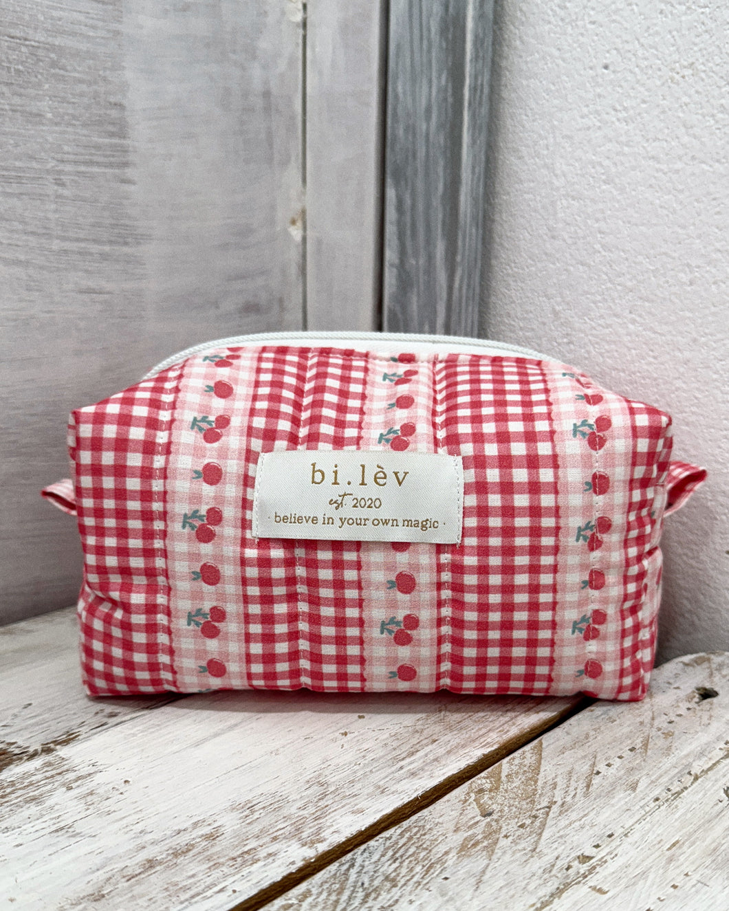 CHERRY GINGHAM padded handmade pouch
