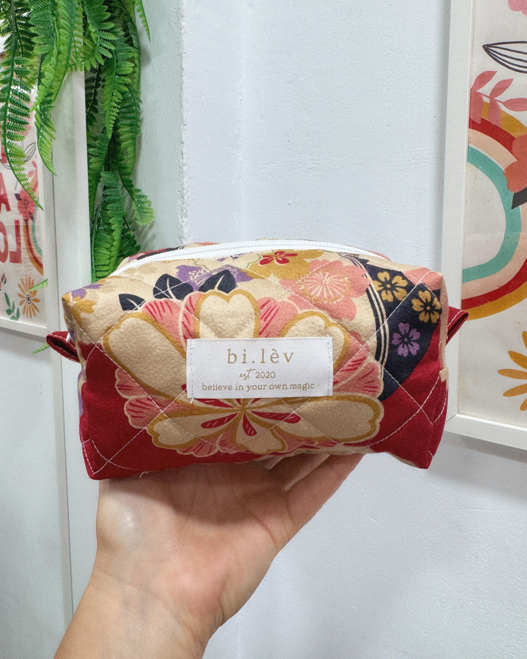 RED BLOSSOM padded handmade pouch