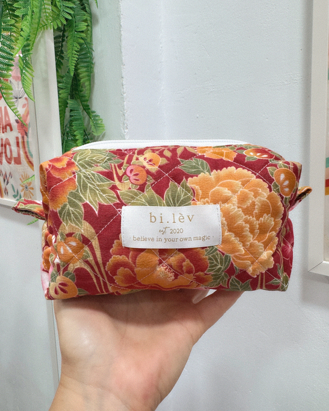 RED FLOWER padded handmade pouch