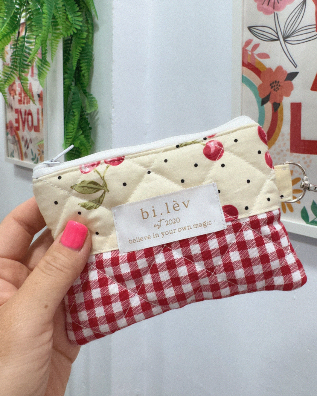 CHERRIES YELLOW padded handmade mini pouch wallet