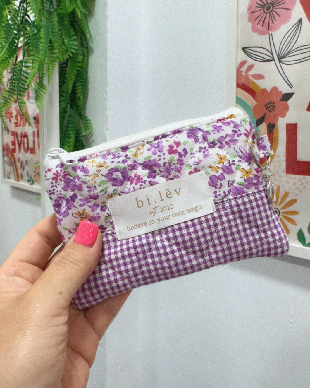 PURPLE BLOSSOM padded handmade mini pouch wallet