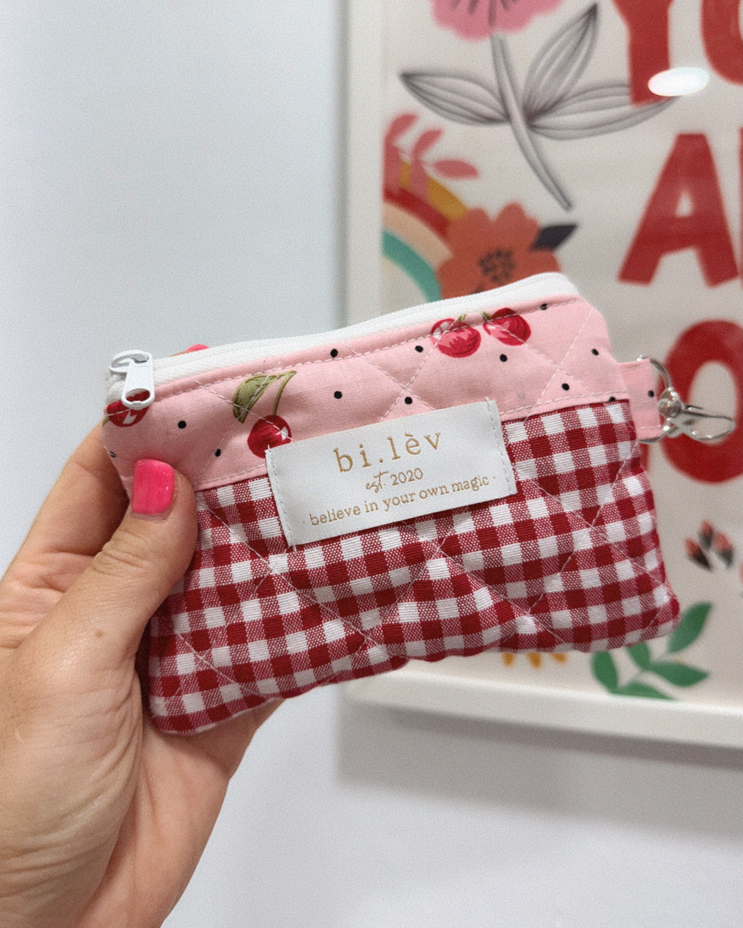 CHERRIES RED padded handmade mini pouch wallet