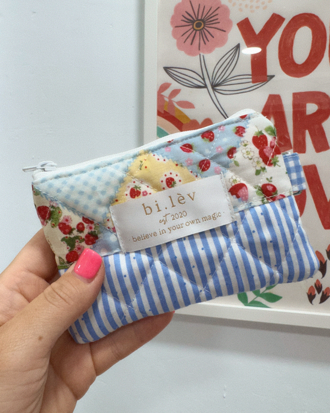 STRAWBERRY FARM BLUE padded handmade mini pouch wallet