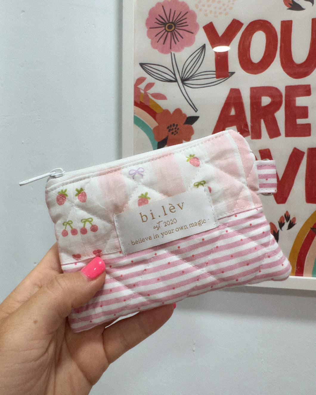 HEART BOWS & STRAWBERRIES padded handmade mini pouch wallet