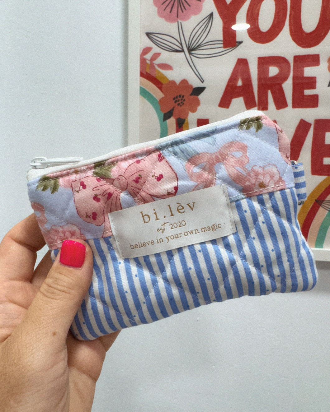 BLUE BOWS & FLOWERS padded handmade mini pouch wallet