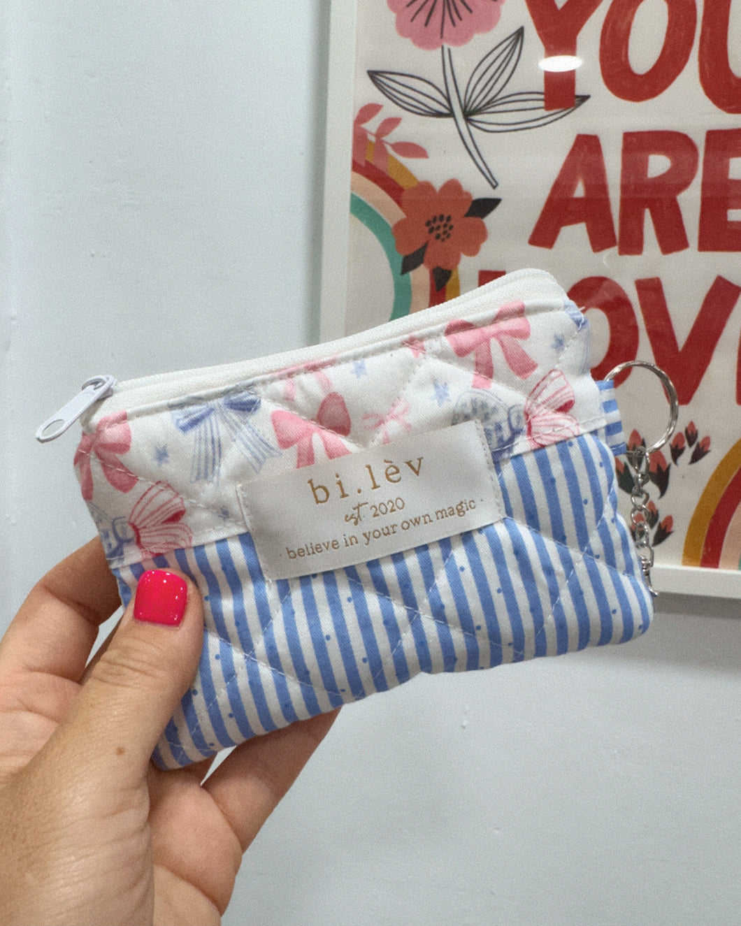 BLUE BOWS & STARS padded handmade mini pouch wallet