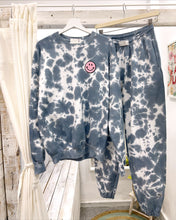 Load image into Gallery viewer, Unisex black hand dyed tie dye sweatsuit tracksuit with smiley patch
