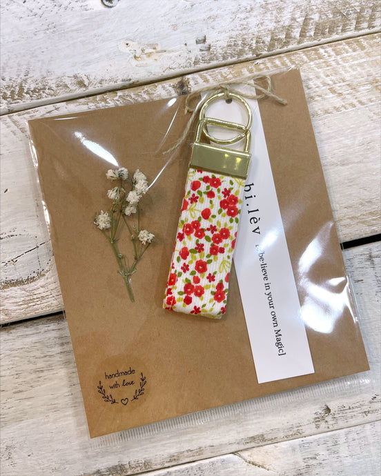 Red flower print handmade key fob ring