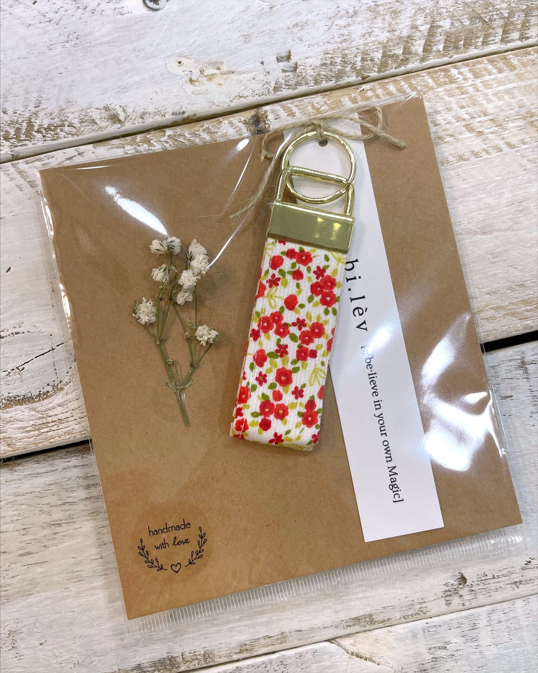 Red flower print handmade key fob ring