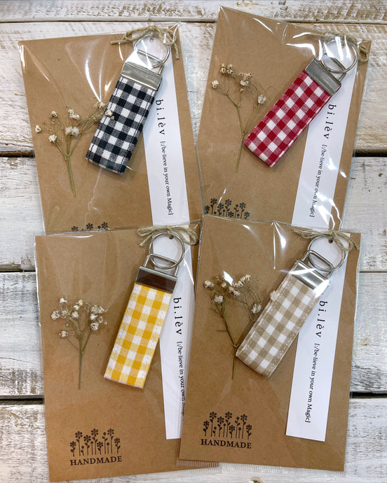 Gingham handmade key fob ring in yellow black red and beige