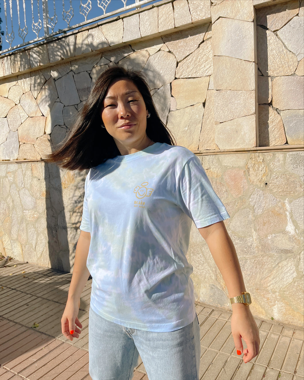 Pastel blue green GOTS certified organic cotton tie dye t-shirt