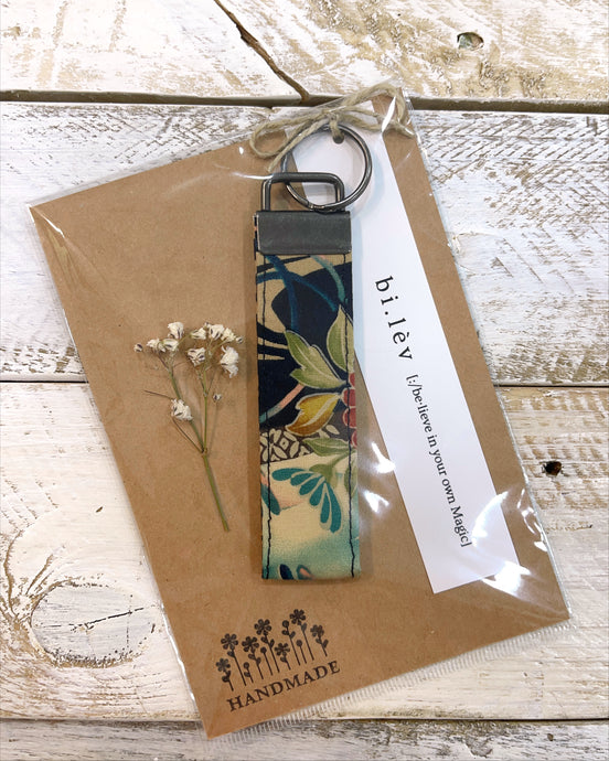Navy blue handmade key fob ring made from Japanese fabric