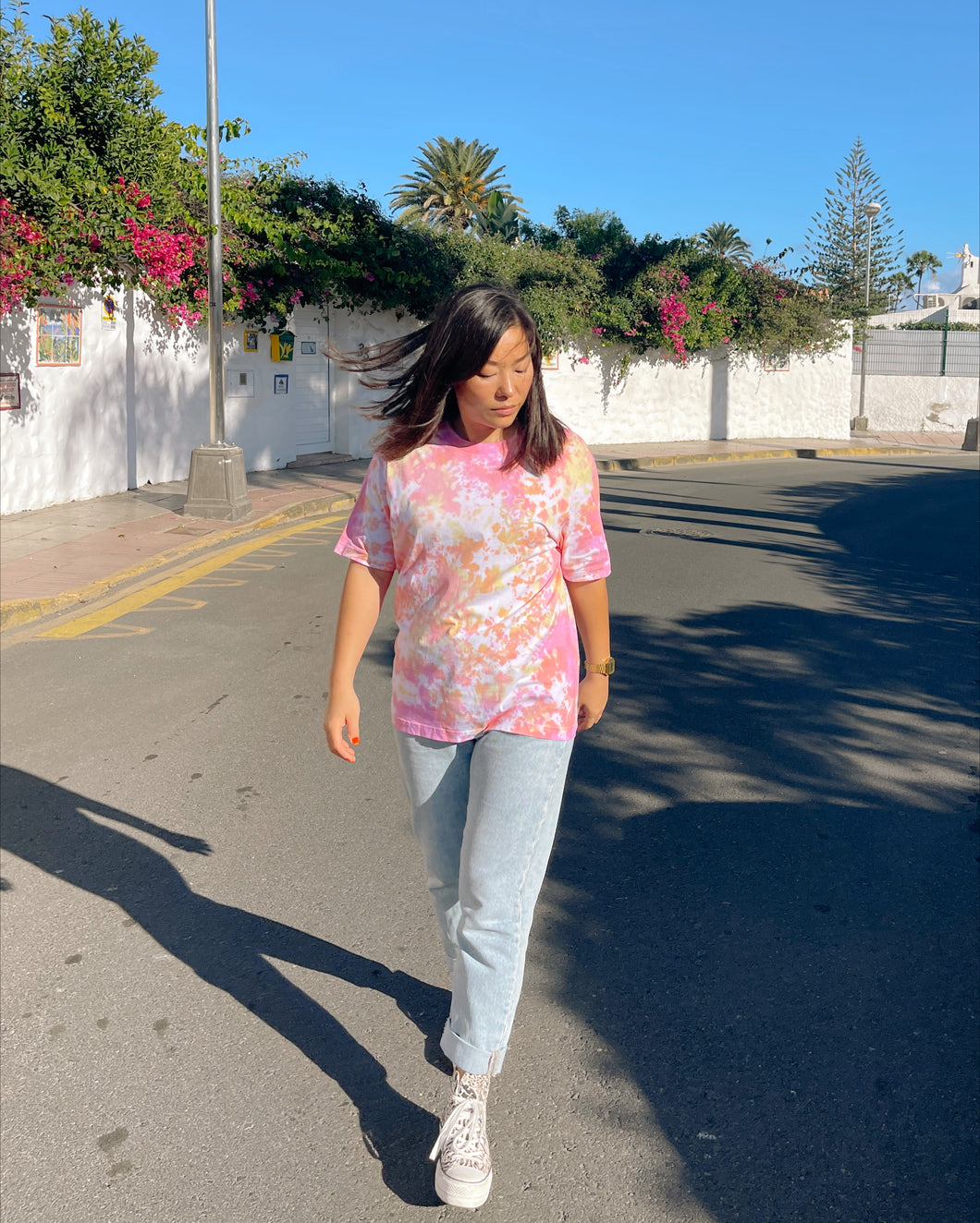 Pink yellow orange GOTS certified organic cotton tie dye t-shirt